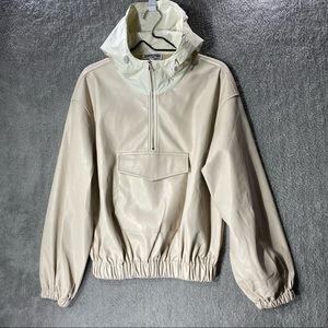 AMYLYNN Tan Hooded Women’s Medium Faux Leather High Neck Half Zip Drop Shoulder